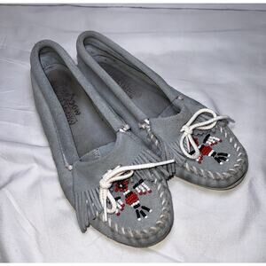Minnetonka Thunderbird Moccasins Women’s Size 7 Blue Suede Beaded Slip On Shoes